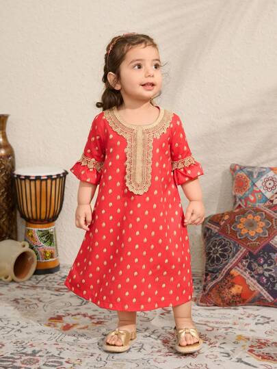 SHEIN 女婴夏季新款红色圆点休闲连衣裙