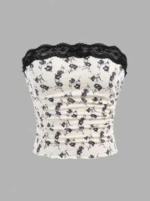 SHEIN Girlism Teenager Mädchen Sommer Urlaub Lässig Aprikose & Schwarz Blume Muster Spitze Plissee Schleife Ärmelloses Top