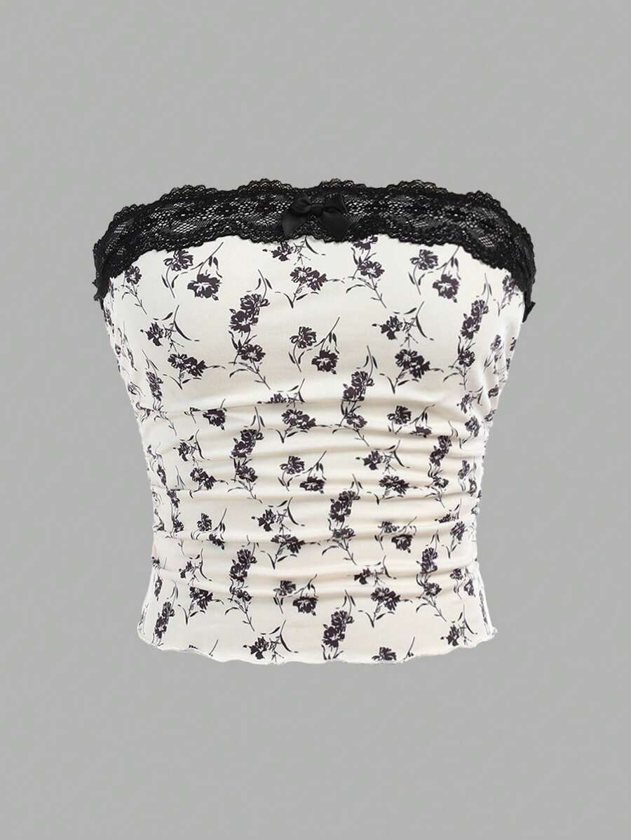 SHEIN Girlism Teenager Mädchen Sommer Urlaub Lässig Aprikose & Schwarz Blume Muster Spitze Plissee Schleife Ärmelloses Top