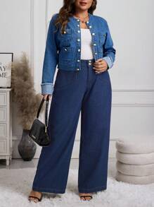 SHEIN LUNE Plus Size Denim Jacket, Casual & Fashionable For Daily Wear - Medium Wash - View 5