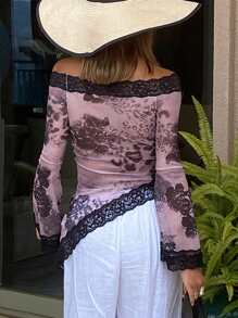 DAZY Lace & Mesh Splice Form-Fitting Off Shoulder Long Sleeve Crop Top For Women, Spring/Summer Sheer - Pink - View 6