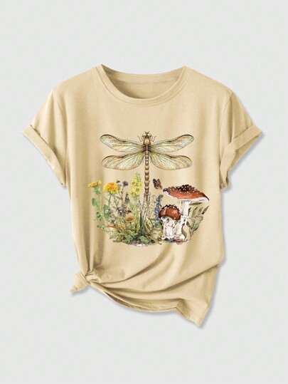 Fairycore Boho Vacation Insect, Mushroom & Floral Pattern Printed Plus Size Women Loose T-Shirt