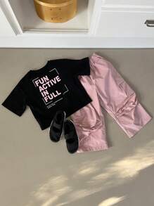 DAZY 2pcs/Set Toddler Boys Letter Print Round Neck Short Sleeve Tee And Long Pants Outfit - Black - View 1