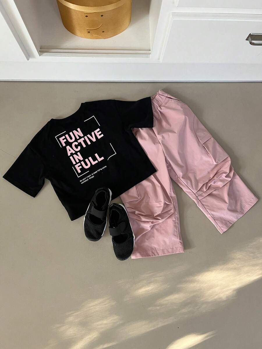 DAZY 2pcs/Set Toddler Boys Letter Print Round Neck Short Sleeve Tee And Long Pants Outfit - Black - View 1