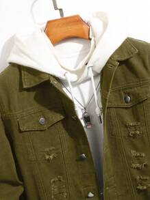 Manfinity Roughcore Men's Autumn Long Sleeve Ripped Single-Breasted Casual Denim Jacket - Dark Green - View 3