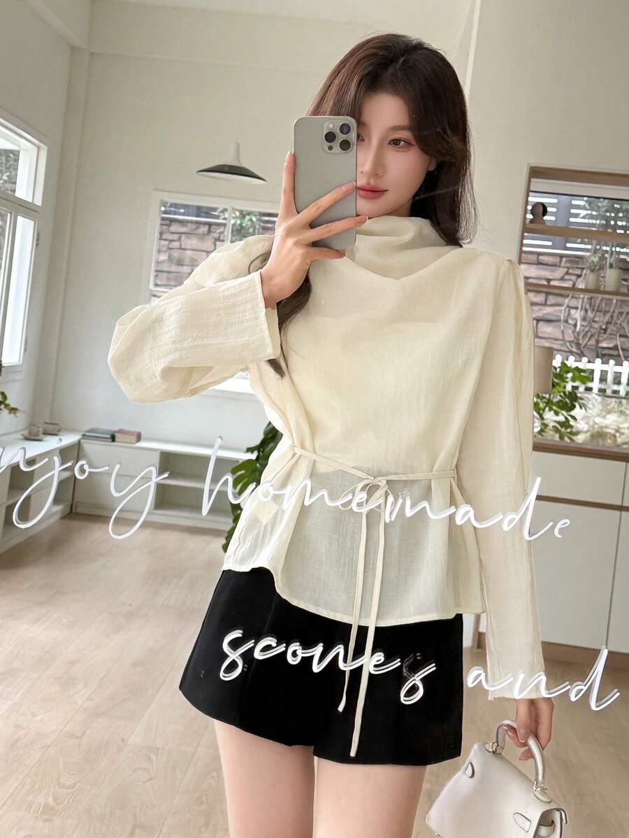 DAZY Women's Semi-High Collar Thin Casual Long Sleeve Shirt,Fall Women Clothes - Apricot - View 1