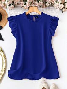 SHEIN LUNE Plus Size Solid Color Stand Collar Ruffle Hem Elegant Office Shirt
