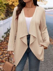 SHEIN LUNE Plus Size Winter Fashion Asymmetric Collar Design Long Knit Cardigan For Going Out And Work Women Cardigans Fall Autumn - Apricot - View 6