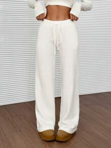 SHEIN EZwear 女士纯色抽绳腰宽松休闲毛衣裤 - 白色 - 查看 5