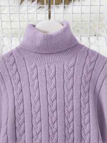 Teenage Girls' High Neck Long Sleeve Cinched Waist V-Neck A-Line Knitted Dress, Autumn/Winter - Purple - View 3