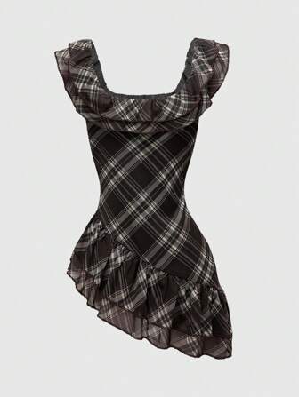 J-Fashion Y2K Retro Plaid Hemline Asymmetrical Crop Top