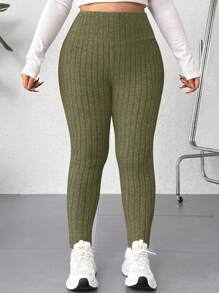 SHEIN EZwear Leggings casuales acanalados de cintura alta de unicolor para mujer talla grande