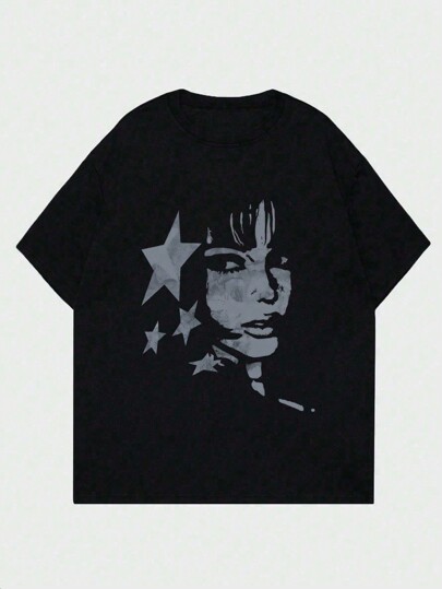 INAWLY Camiseta de mujer de manga corta informal de verano con estampado de estrella de cinco puntas y texto gráfico