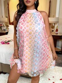 SHEIN Clasi 女士加大码无袖优雅编织网眼面料大蝴蝶结装饰连衣裙 - 粉色 - 查看 5