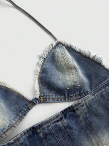 ROMWE Hippie Sexy Y2K Street Style Cowgirl Wash Denim Spaghetti Strap Crop Top For Women - Blue - View 3