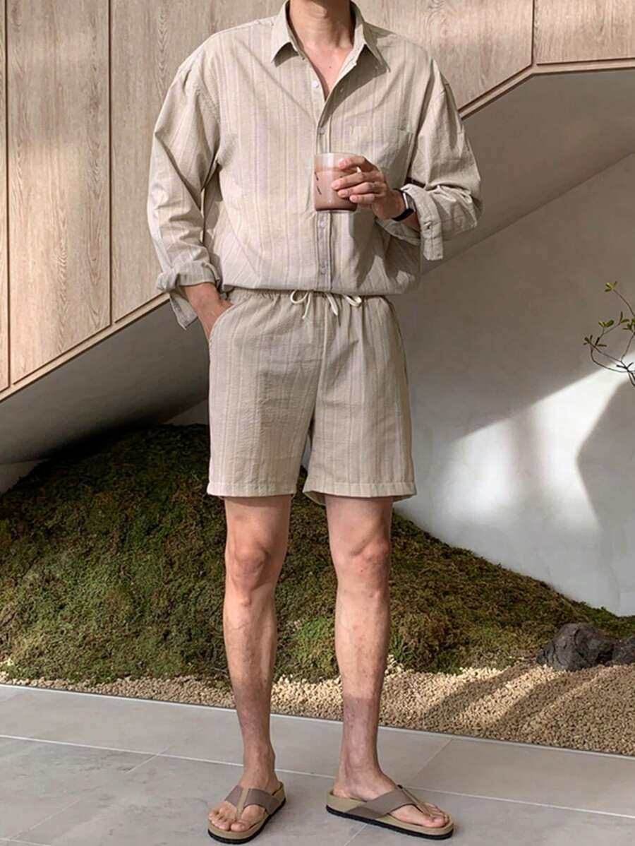 DAZY 男士条纹衬衫和卡其色短裤套装,夏季 - 卡其色 - 查看 1