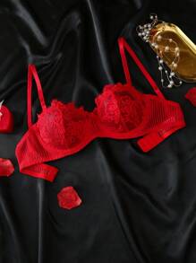 SHEIN 女士花卉蕾丝 1/2 罩杯性感内衣 - 紅色 - 查看 7