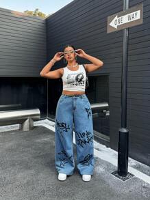SHEIN EZwear Plus Size Women's Letter Print Pocket Wide Leg Jeans