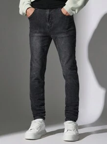 SUMWON Premium Skinny Fit Distressed Jeans, High-Performance Stretch Denim, Urban Streetwear Essential, Fall Winter Fashion, Versatile Casual Wear - Black - View 1