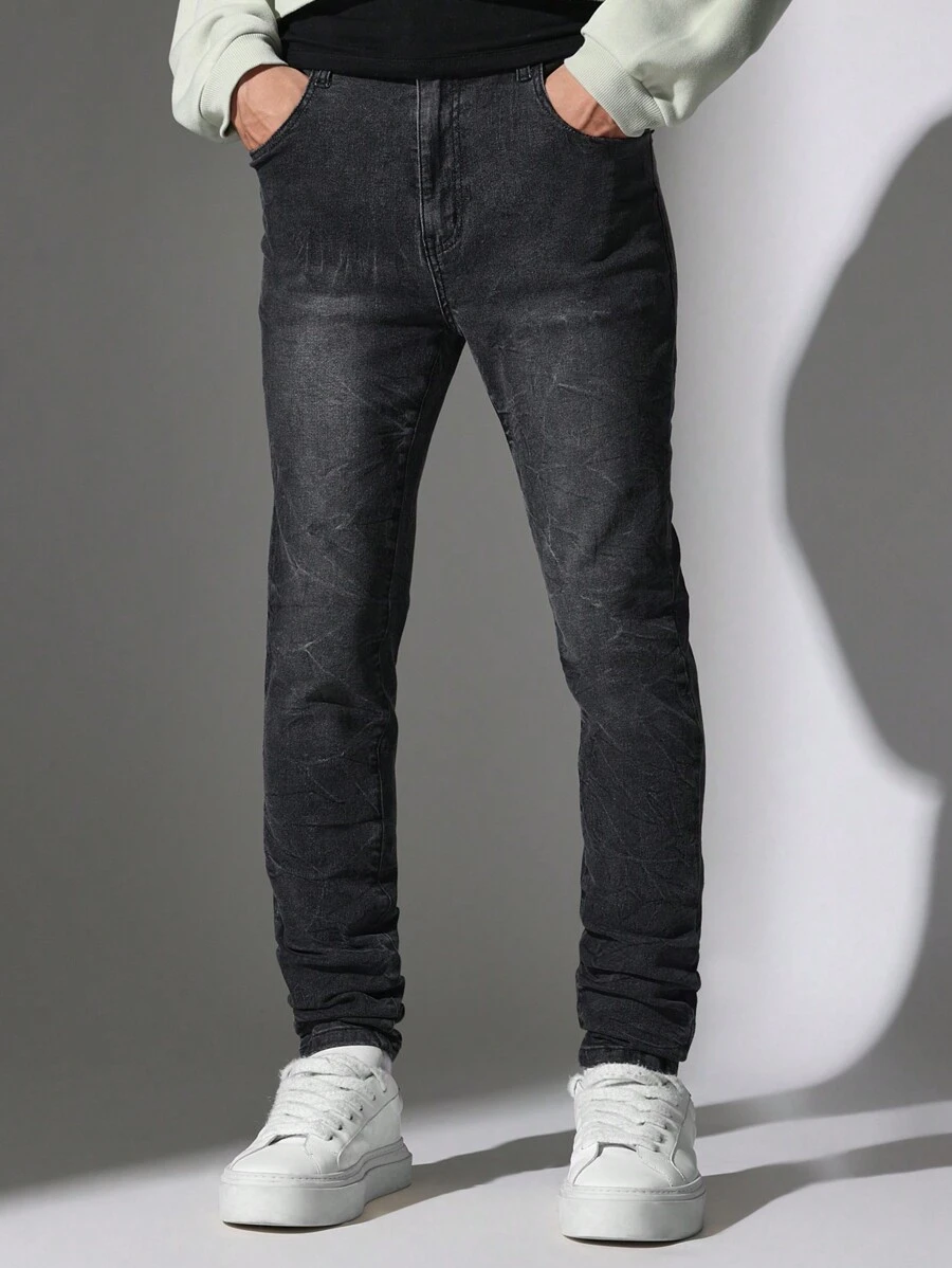 SUMWON Premium Skinny Fit Distressed Jeans, High-Performance Stretch Denim, Urban Streetwear Essential, Fall Winter Fashion, Versatile Casual Wear - Black - View 1