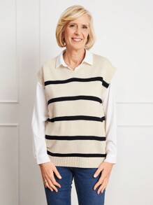 SHEIN LUNE 女士休闲撞色条纹 V 领针织背心 - 彩色 - 查看 1