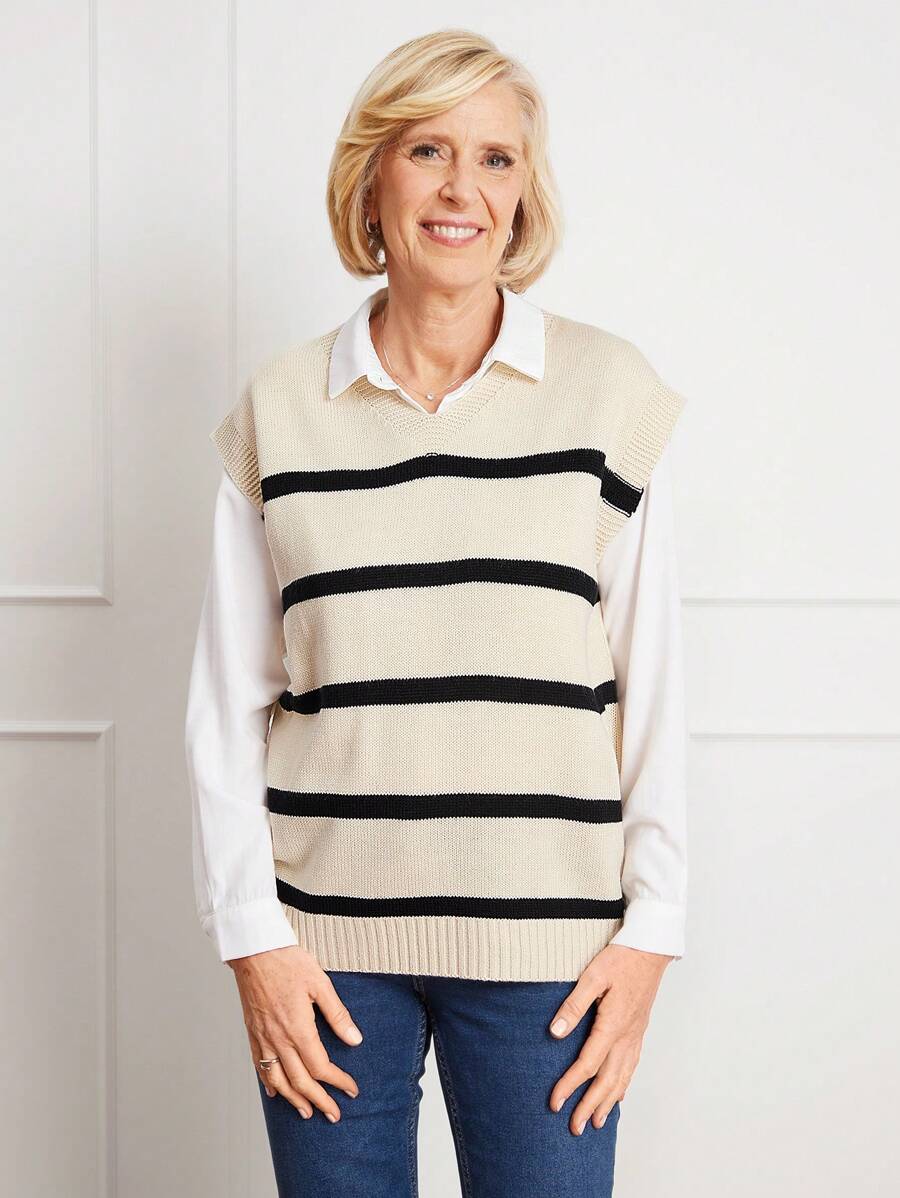 SHEIN LUNE 女士休闲撞色条纹 V 领针织背心 - 彩色 - 查看 1