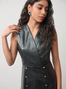 MOTF STUDIO CROCODILE EMBOSSED BUTTON DECOR DRESS