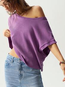 Bohemela 波西米亚风纯色后背镂空设计女式 T 恤，紫色上衣 - 紫色 - 查看 7