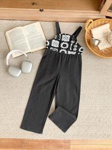 Blossori Mono holgado con estampado geométrico de jacquard negro, estilo francés elegante para niñas, primavera/verano - Blanco y Negro - Ver 1