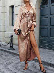 SHEIN Clasi Women's Elegant Party Foil Fabric V-Neck Lantern Sleeve Waist Twist Ruched Waist A-Line Long Sleeve Dress, Gold - Pink - View 6