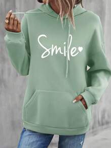 SHEIN Cottnline 棉质女式字母印花抽绳连帽衫 - 綠色 - 查看 5