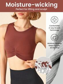 Lifespree 纯色无缝短款高弹力运动瑜伽背心 - 棕色 - 查看 4