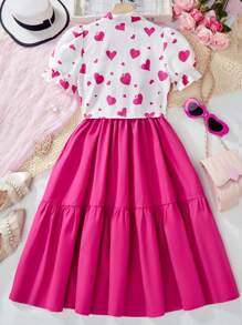 2pcs/Set Tween Girl Polka Dot Print Ruffle Strap Dress - Hot Pink - View 2