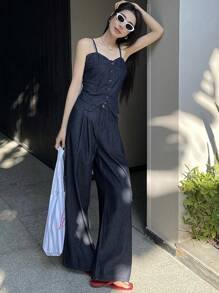 DAZY Bộ đồ liền thân quần jeans ống rộng dây đinh tán màu trơn dành cho nữ - Rửa tối - Xem 5