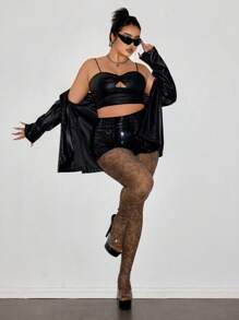 SHEIN ICON Women's Plus Size Semi-Sheer Knitted Fabric Extra Long Leggings In Black With Floral Details For Casual Style