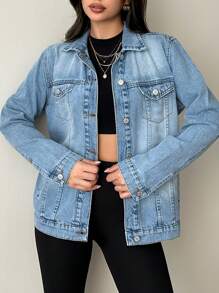 EURMUSE Women's Casual Single-Breasted Denim Jacket, Autumn - Light Wash - View 1