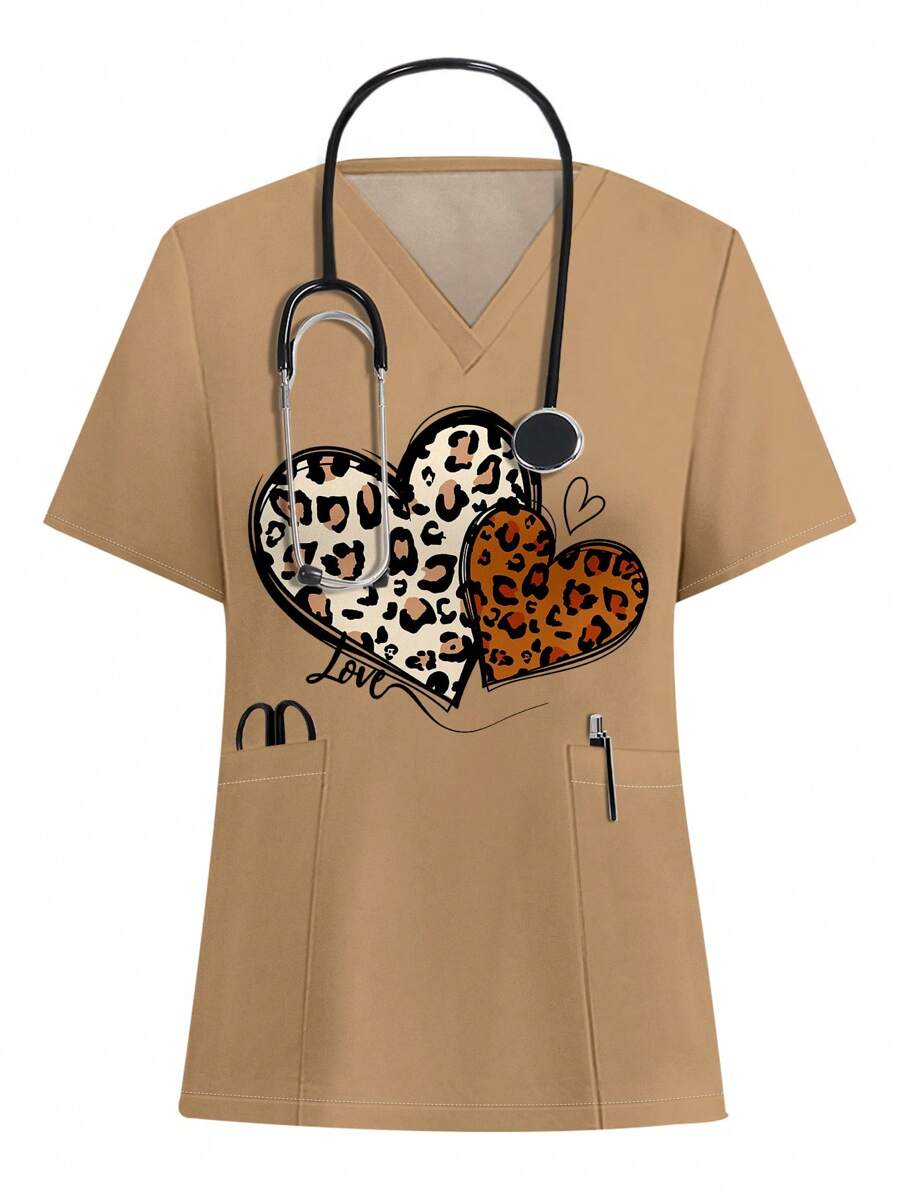 PopScrub Women V-Neck Short Sleeve Double Pocket Beautiful Heart, Leopard, Love, Cartoon Print Nurse/Scrub Top, Valentine's Day Scrub Uniform - Multicolor - View 1