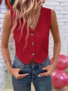 SHEIN LUNE 情人节红色衬衫新年女装红色女士开衫办公室女士简约纯色前扣背心衬衣 - 酒紅色 - 查看 2