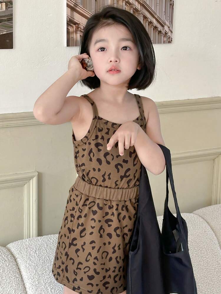 Young Girl Leopard Print Sleeveless Top And Mini Skirt 2pcs Set, Summer