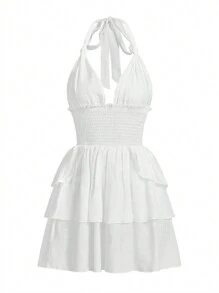 Flirla Women's Cute Cake Style Ruched Cinched Waist Neck V-Neck Flowy Cover Up Dress, For Summer Beach Vacation - White - View 1