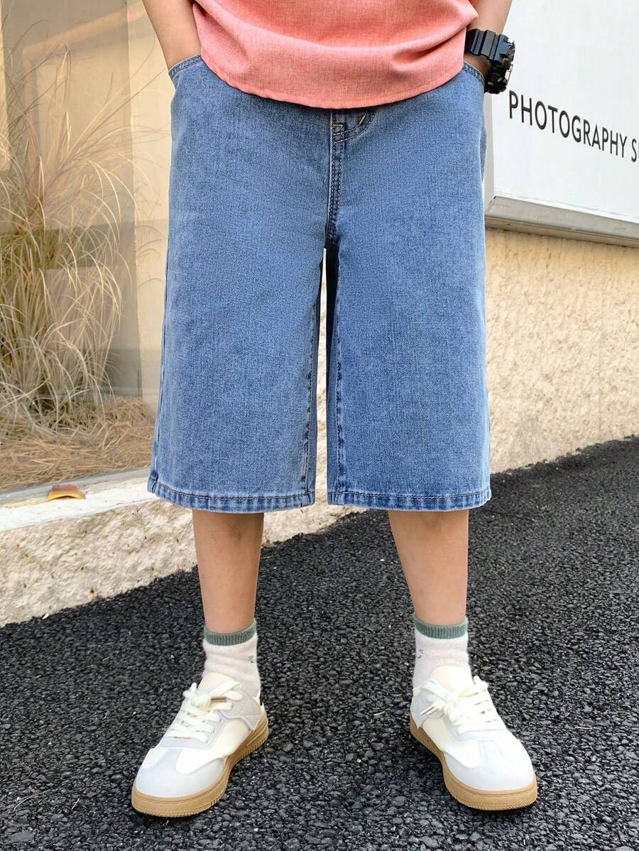 SHEIN Tween Boy Fashion Old Money Casual Cotton Elastic Waist Pocketed Casual Denim Wide Leg Boy Shorts For Boy Soft Dailywear And Kids Summer Clothes