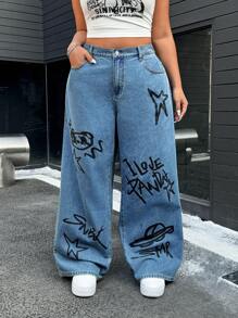 SHEIN EZwear Plus Size Women's Letter Print Pocket Wide Leg Jeans