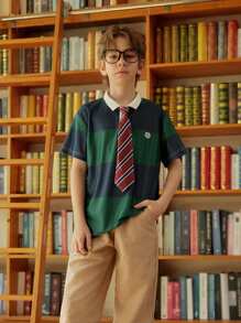 SHEIN Explorewe 2pcs/Set Tween Boys Casual Blue & Green Stripe Polo Shirt + Simple Loose Pants, Spring/Summer School & Outdoor Outfit - Multicolor - View 5
