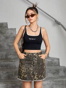 SHEIN 少女休闲牛仔裙配紧身裤，新款豹纹迷彩洗水牛仔迷你裙 - 彩色 - 查看 3