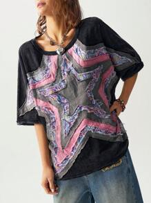 Bohemela BOHO Women's Casual Knitted Embroidered Star Pattern Round Neck Short Sleeve Loose Washed T-Shirt - Black - View 6