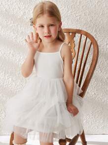 Blossori Young Girls French Elegant White Knit Mesh Panel A-Line Strap Dress, Spring/Summer - White - View 7