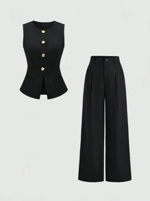 Sweetra 黑色单排扣背心、褶饰阔腿裤套装 - 黑色 - 查看 1