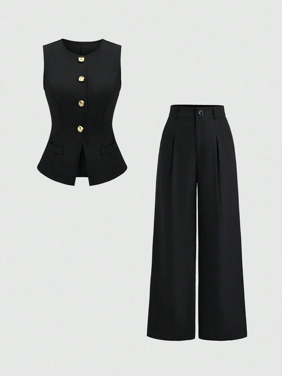 Sweetra 黑色单排扣背心、褶饰阔腿裤套装 - 黑色 - 查看 1