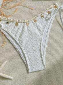 SHEIN Swim 2pcs Springbreak Summer Vacation Solid Color Textured Fabric Bandeau Top And Side Tie Cute Bikini Set, Festival Boho