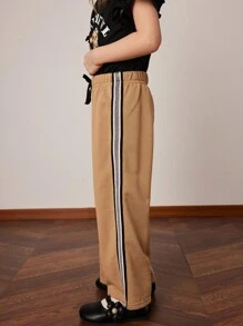 PrepCrw Pantalones deportivos anchos de cintura elástica de punto holgados con decoración de bandas laterales para niñas jóvenes, primavera/verano